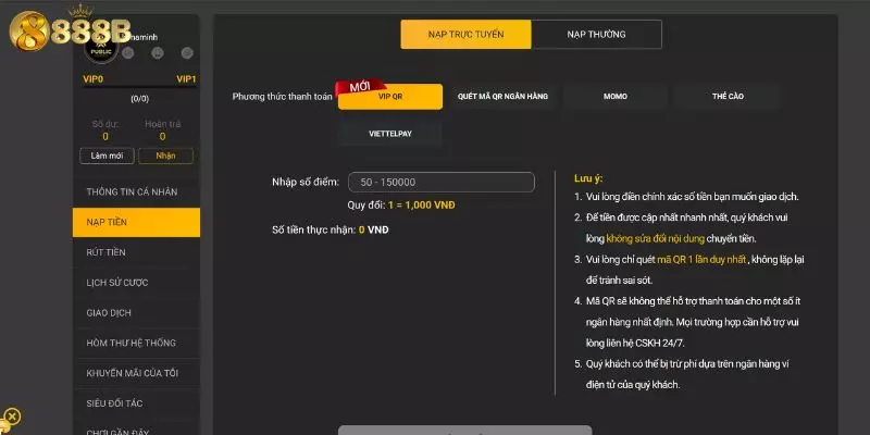 Nạp tiền 888B bằng hình thức trực tuyến