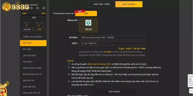 Nạp tiền 888B qua USDT